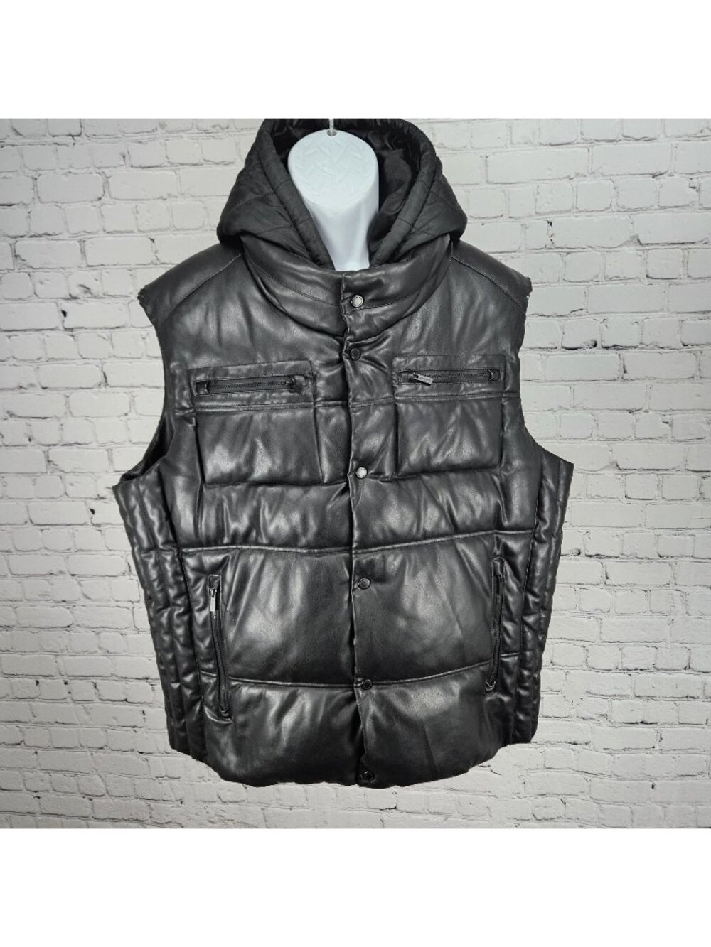 Sean John Black Faux Leather Full Zip Snap Insulated Hooded Puffer Vest XL